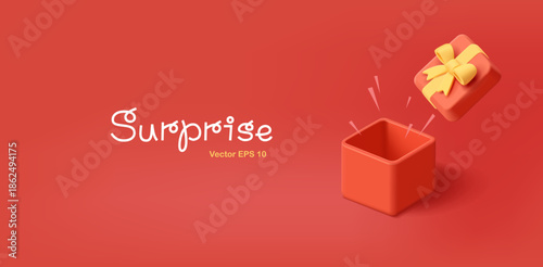 Surprise, open 3d red box on red background with yellow bow. Explosion illustration for gift, discount, sale concepts. Vector illustration.