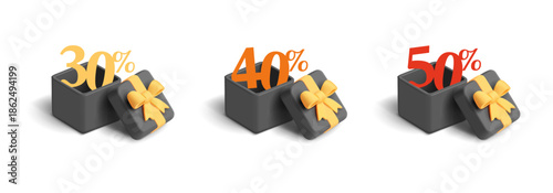 Set of black 3D open gift boxes with discounts inside. Elements on white background for concepts of Black Friday, discounts, sales, promotional offers. Vector illustration.
