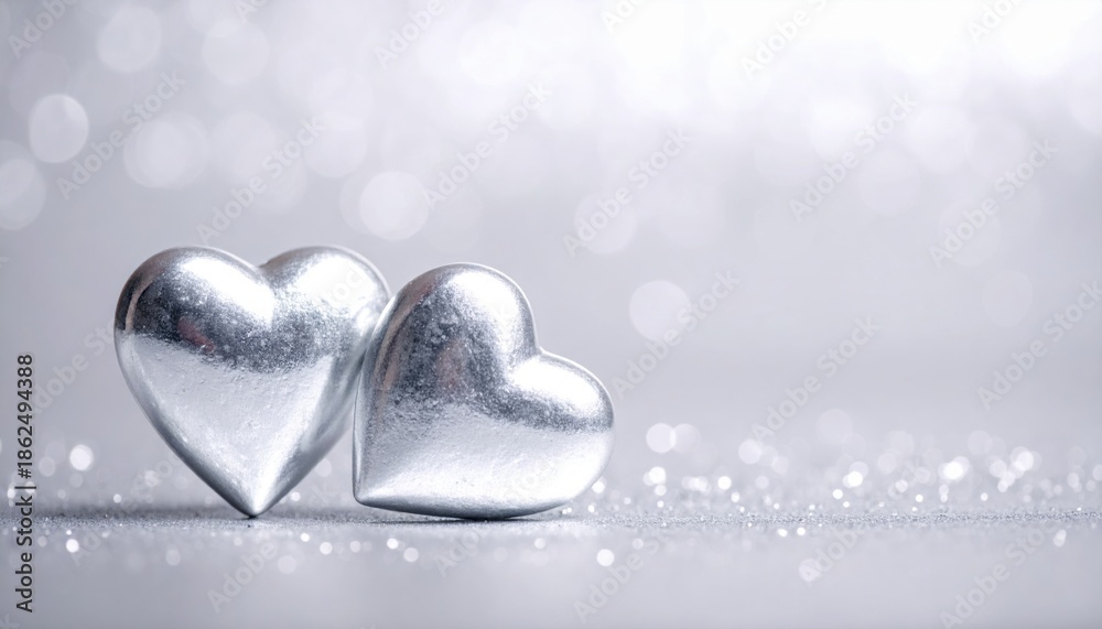 Fototapeta premium Generated imageValentines Card - Two Shiny Hearts On Silver Background