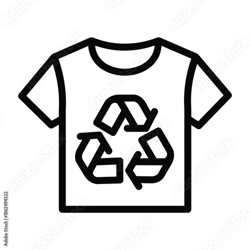 Minimal t-shirt icon featuring a recycle symbol, representing sustainable fashion, eco-friendly clothing, recycling awareness, and environmentally conscious apparel in a clean line vector style