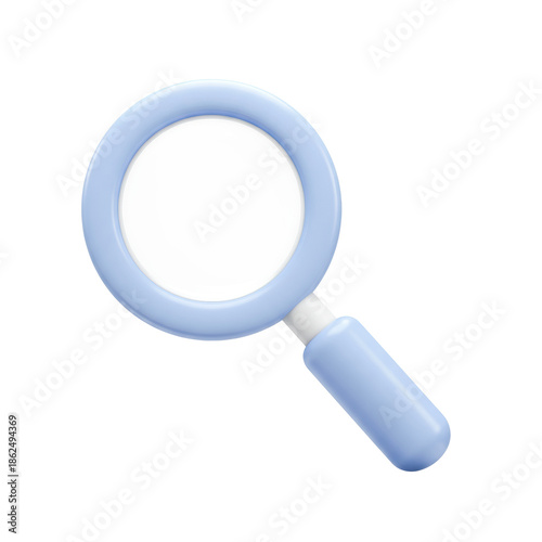 Minimalist 3d icon of a soft pastel blue magnifying glass with a glossy finish on a transparent background with copy space. Concept of search and data analysis