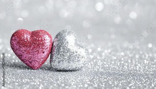 Generated imageValentines Card - Two Shiny Hearts On Silver Background