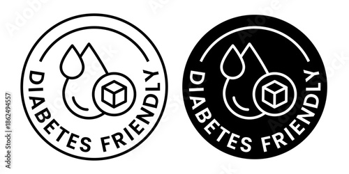 Diabetes friendly icon set. Diabetes friendly logo, label, badge, sticker, symbol, banner, circle, stamp, line, vector, isolated illustration. Diabetes friendly label for product packaging design.