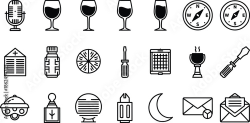 Collection of various icons including wine glasses clocks and beauty products