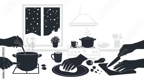 Preparing meal in kitchen on a snowy night