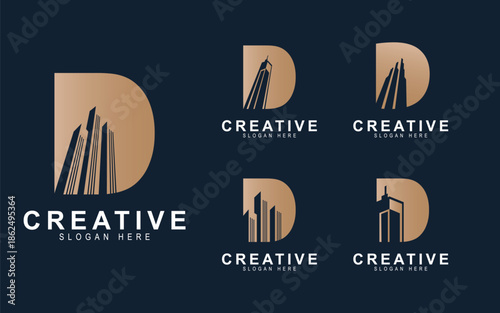 Set of letter D with building or architect logo design in luxurious colors.
