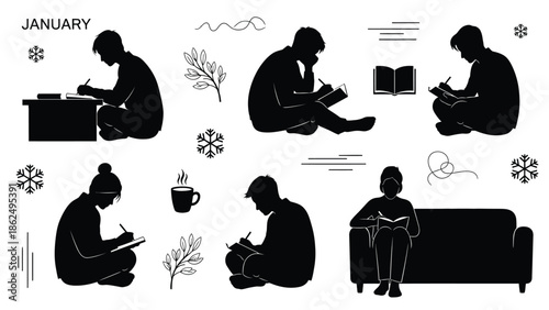 People reading and writing in different postures during january