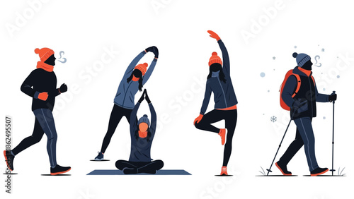 People engaging in various winter fitness activities