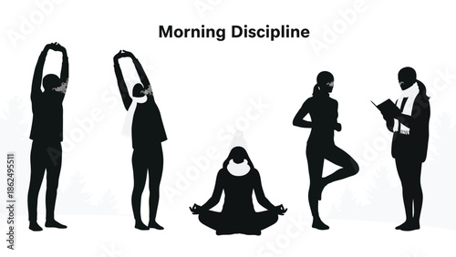 People practicing morning discipline in various yoga and exercise poses