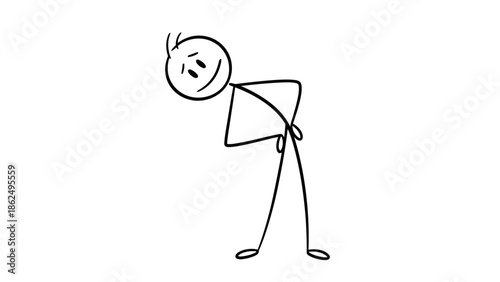 Shy Stick Figure Bending Down with Hands Behind Back Looking Thoughtful on Isolated White Background