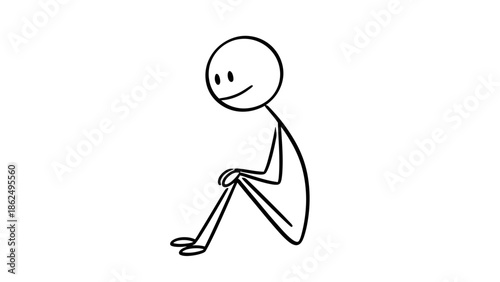 Calm Stick Figure Sitting with Knees Drawn Up, Resting on Isolated White Background