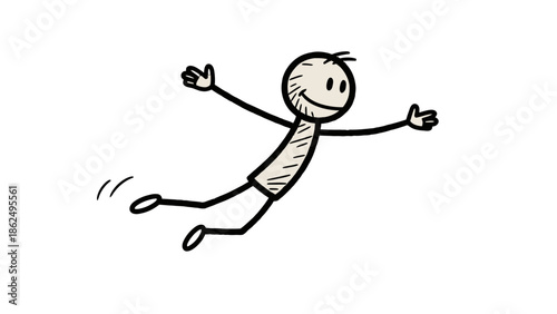 Joyful Stick Figure Jumping Happily with Arms Outstretched on Isolated White Background