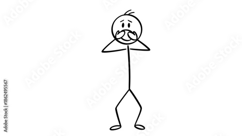 Upset Stick Figure Covering Mouth with Hands on an Isolated White Background