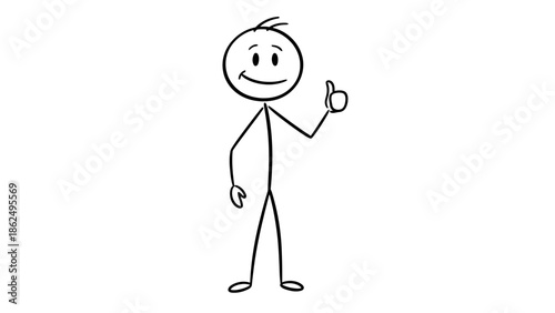 Happy Stick Figure Smiling and Giving Thumbs Up Gesture of Approval on Isolated White Background