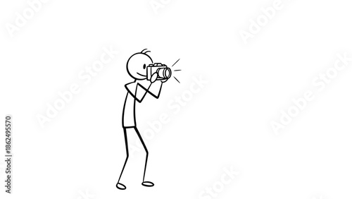 Focused Stick Figure Holding Camera and Taking Picture on Isolated White Background