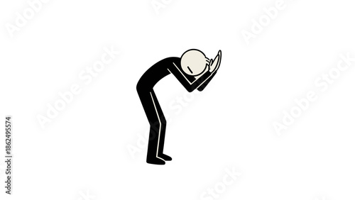 Humble Stick Figure Silhouette Bending Kneeling with Clasped Hands in Prayer or Grief on Isolated White Background