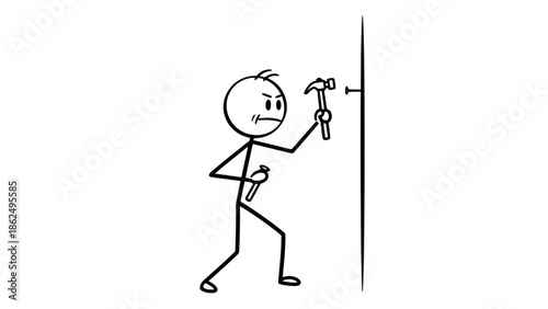Focused Stick Figure Hammering a Nail into a Wall with a Hammer on an Isolated White Background