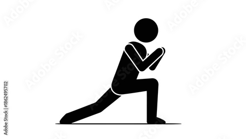 Black Stick Figure Man Performing a Lunge Exercise, Active and Focused, Isolated White Background