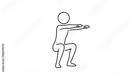 Stick Figure Man Doing a Deep Squat Exercise, Focused and Active, Isolated White Background