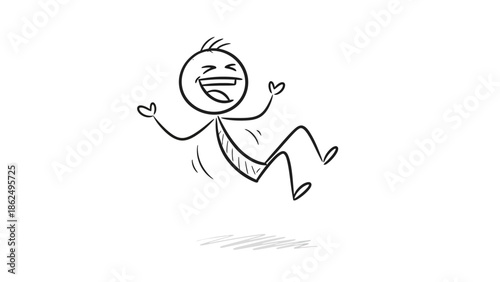 Joyful Stick Figure Man Laughing Hysterically, Falling Down with Extreme Happiness on Isolated White Background