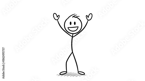 Excited Stick Figure Man Raising Arms in Celebration, Cheering Happily on Isolated White Background