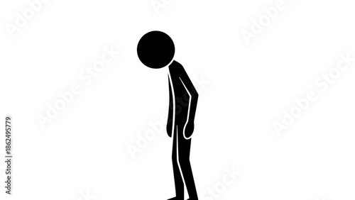 Depressed Stick Figure Man Standing with Head Down, Expressing Sadness and Dejection on Isolated White Background