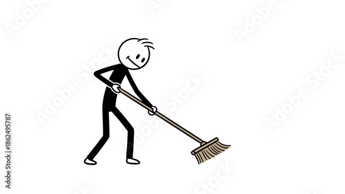 Diligent Stick Figure Man Sweeping the Floor with a Broom, Performing Cleaning Chores on Isolated White Background