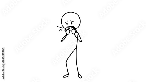 Sick Stick Figure Man Coughing and Holding Chest, Feeling Unwell, Isolated White Background