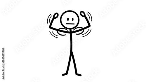 Stick figure flexing biceps and showing strength with a determined expression on isolated white background.