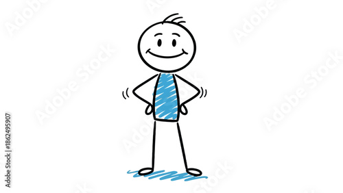 Confident stick figure with a blue shirt standing with hands on hips and a proud smile on isolated white background.
