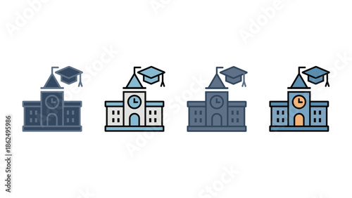 School Building Education Icon Set with Graduation Cap