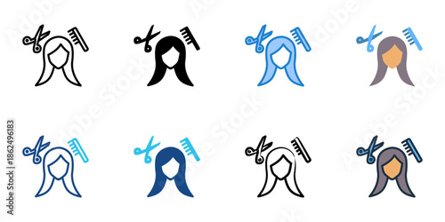Hair styling icons set multiple style collection. Editable stroke 
