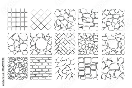 Collection of Hand Drawn Stone and Brick Wall Patterns.