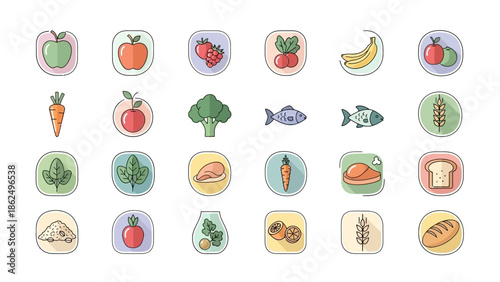 Set of Healthy Food Vector Icons, Nutrition, Fruits, Vegetables, and Organic Diet in Pastel Flat Design Style