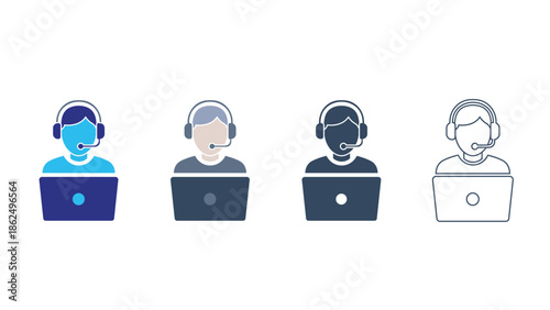 Customer Support Agent with Laptop and Headset Icon Set