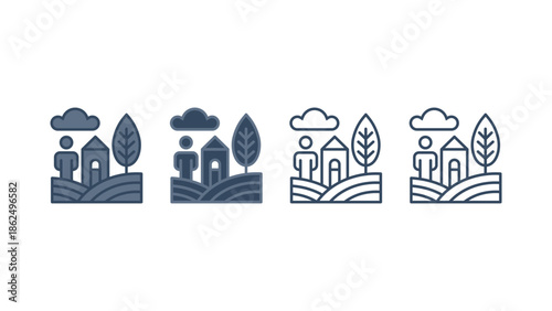Community Village People and Home Landscape Icon Set