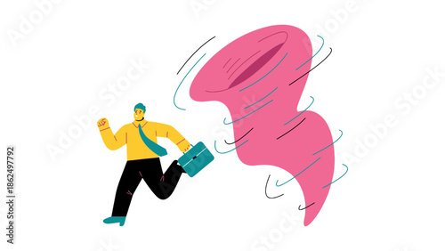 Businessman running away from a pink tornado on a white background.
