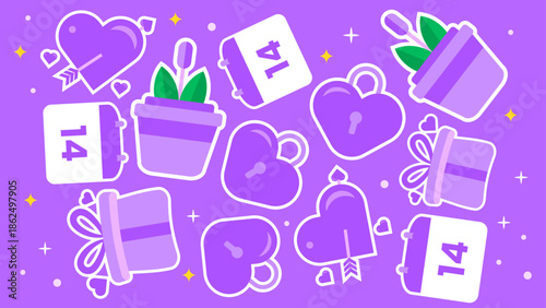 A charming purple composition showcasing blooming potted plants, heart-shaped security locks, Cupid's arrows, and gift boxes paired with February 14 calendar reminders