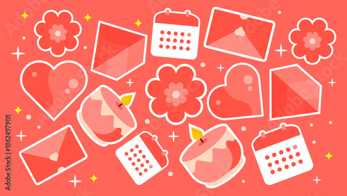 A warm red display of romantic elements including blooming flowers, glowing candles, calendar dates, envelopes, and geometric gemstone shapes scattered across a vibrant background