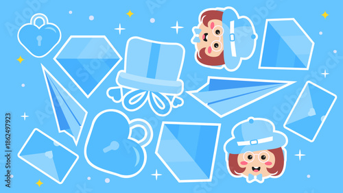 A refreshing blue theme featuring large diamonds, folded paper planes, secret envelopes, and heart-shaped locks with a cute girl character interspersed throughout