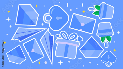 A soothing blue composition showcasing paper aircraft heart-shaped locks and letter envelopes amidst twinkling stars and potted plants