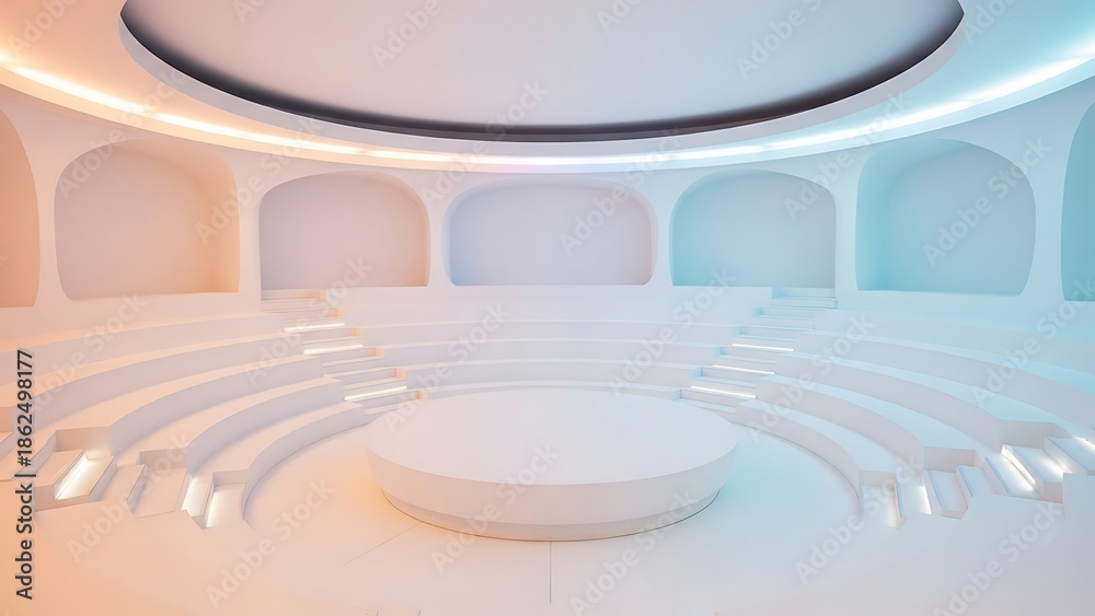 Obraz premium Futuristic Stage with Glowing Arches and Seating.