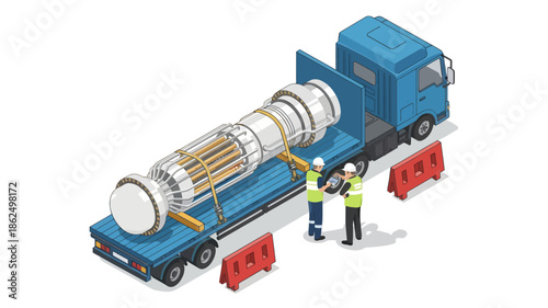 Isometric illustration of two workers loading a large cylindrical object onto a blue flatbed truck with red safety barriers on a white background.