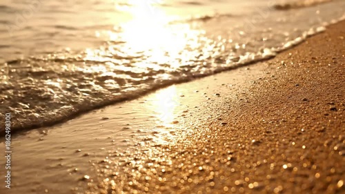 Summer Beach Ambiance beach sparkle Wide shot of a pristine, untouched summer beach, focusing on the warm, bright, and inviting