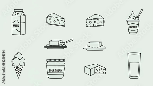 Collection of dairy product icons in a simple line art style.