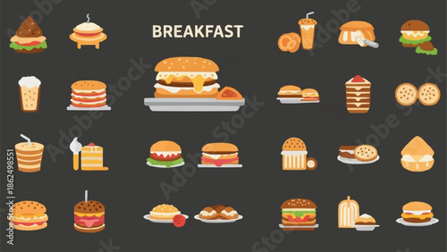Collection of Delicious Breakfast Food Icons.