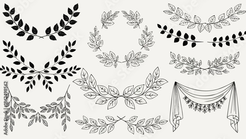 Collection of Decorative Laurel Wreaths and Garlands Hand Drawn Style.