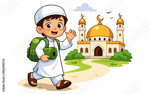 Cute cartoon illustration of a Muslim boy walking towards the mosque.