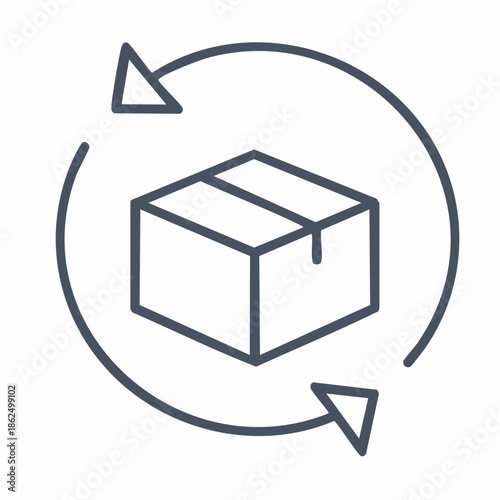 Single return package outline vector illustration in a circular motion with arrows, minimal design and uniform stroke width
