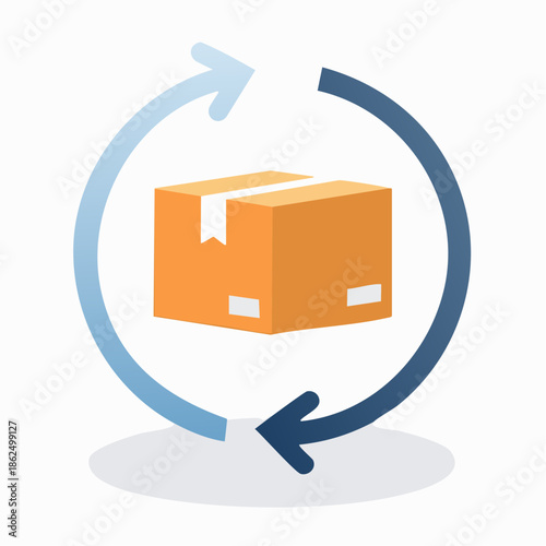 Vector icon of a parcel box in circular motion, illustrating shipping and delivery process, minimal design, solid color
